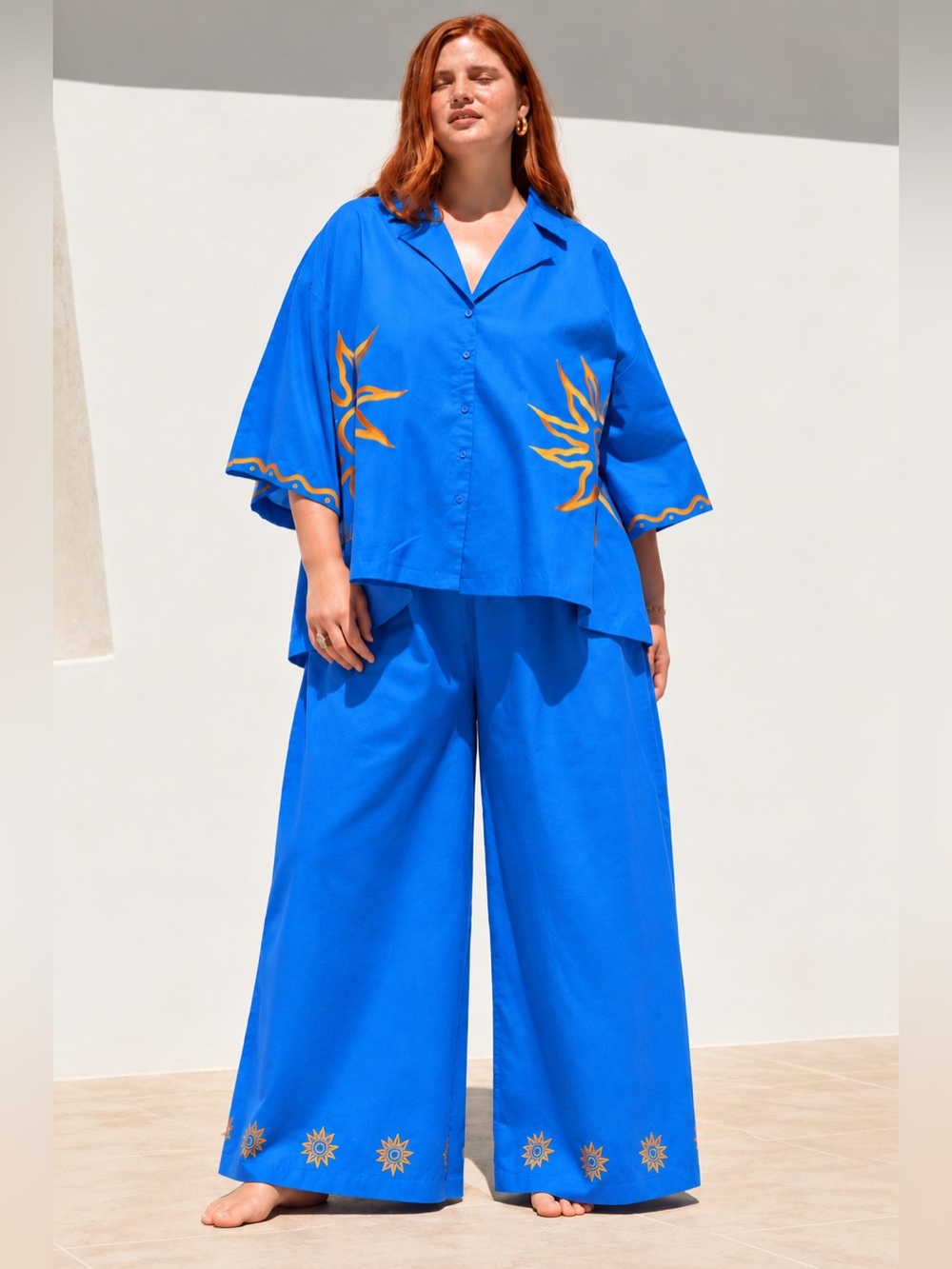 The Lullaby Club Linen Bright Blue Sun-Embroidered Shirt and Wide-Leg Pants Set